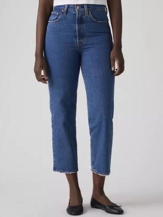Levi's Denim - LEVI's Ribcage Straight Raw Hem Ankle Jeans Iconic High Rise in Medium Blue Wash